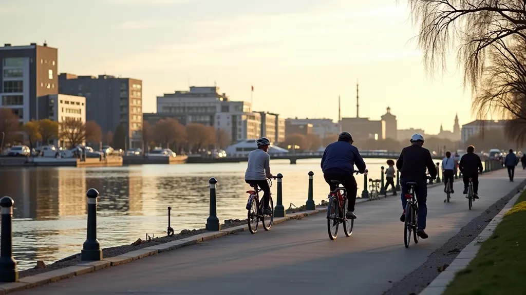Scenic Cork Marina waterfront with cyclists enjoying the loop path along the riverside