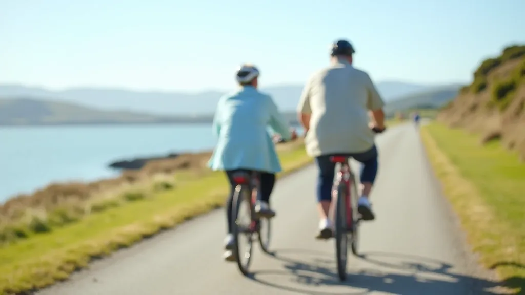 Cyclist riding on smooth coastal promenade path with ocean on left side, blue water visible, sunny conditions