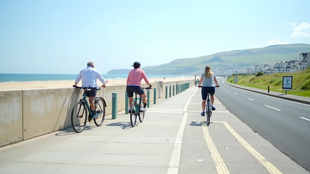 Salthill beach promenade entrance with bike racks and coastal scenery in background, clear day with blue sky