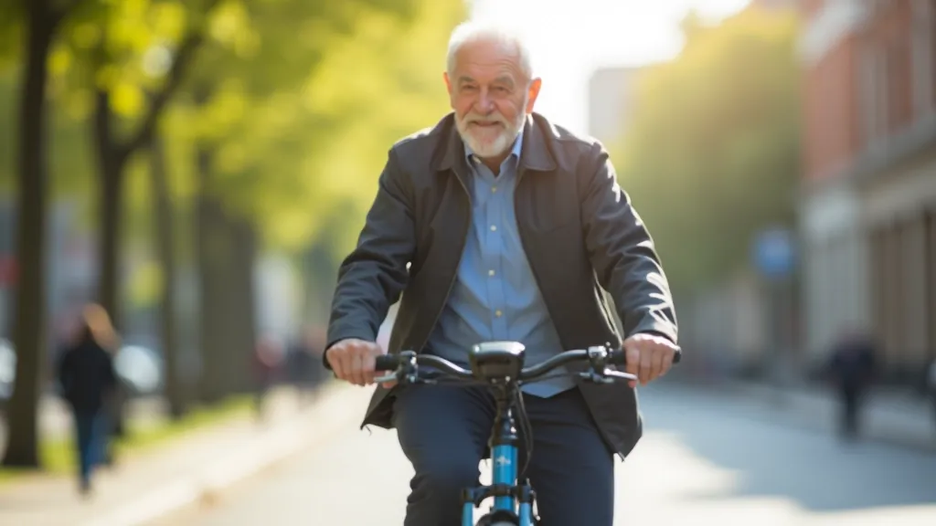 Senior cyclist riding electric bike along Dublin city street, relaxed posture, bright sunny day